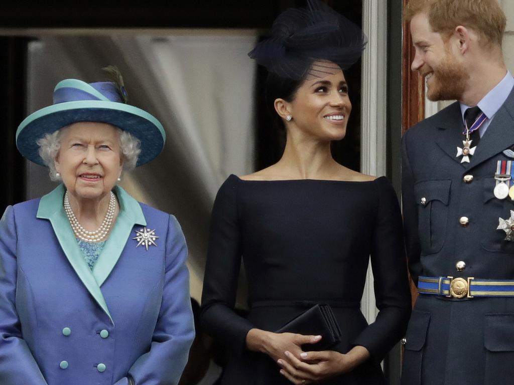 The Queen and the Canada-bound Duke and Duchess of Sussex. Picture: AP