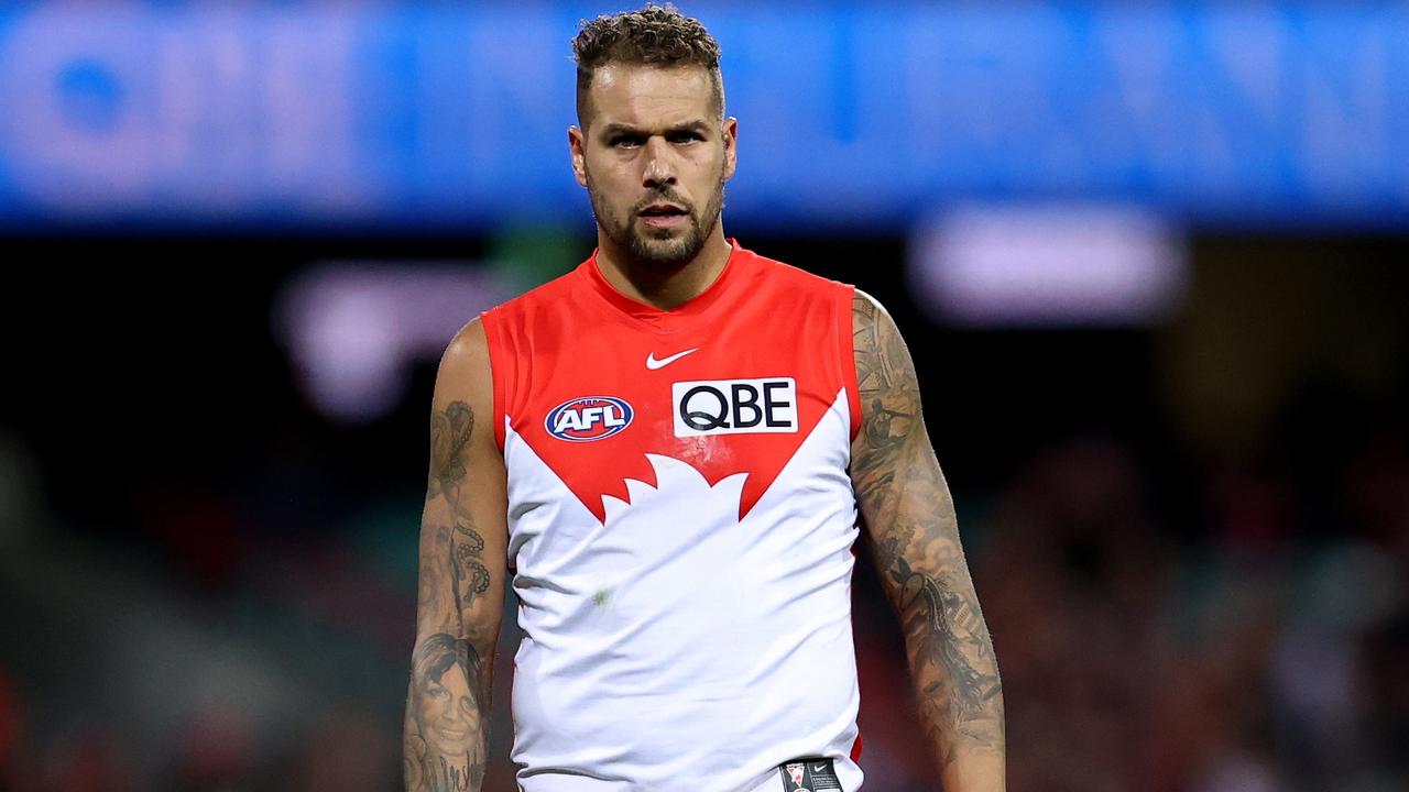 Lance Franklin will miss at least one match after he was unable to train with knee soreness from a knock against Port Adelaide. Picture: Brendon Thorne / Getty Images