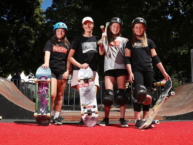 Members of the She Shreds skate crew, from left, Amaya Smith, 15, of Hobart, Ebony-Rose Bielby, 18, of Seymour, Victoria, Bridget Andrew, 13, of Hobart, and Alani Houston, 11, of Hobart. Picture: NIKKI DAVIS-JONES