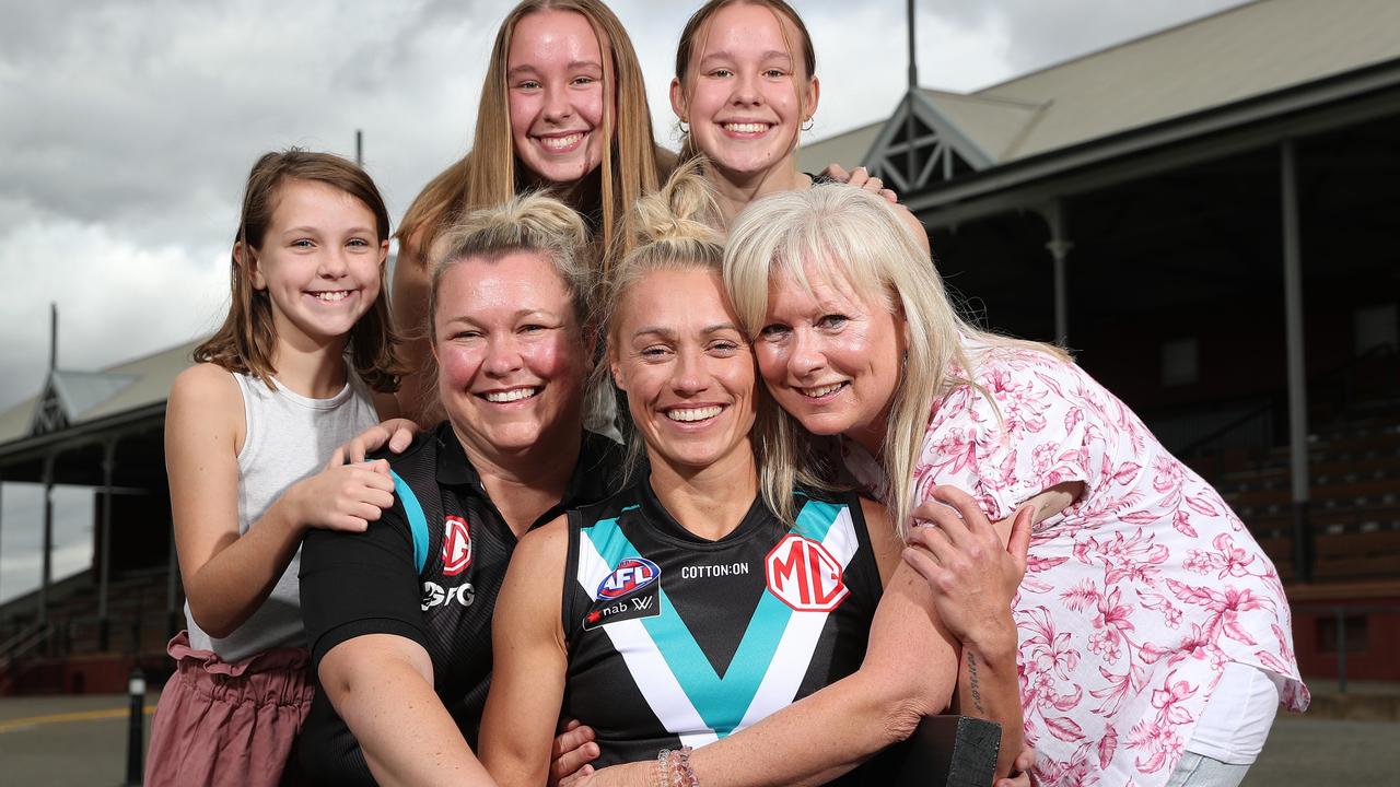 Erin Phillips with some of her family at Alberton Oval on Wednesday – sister Rachel Porter, mum Julie Phillips and nieces Jemma Porter, Ashlee Porter and Chloe Porter. Picture: Sarah Reed/Getty Images