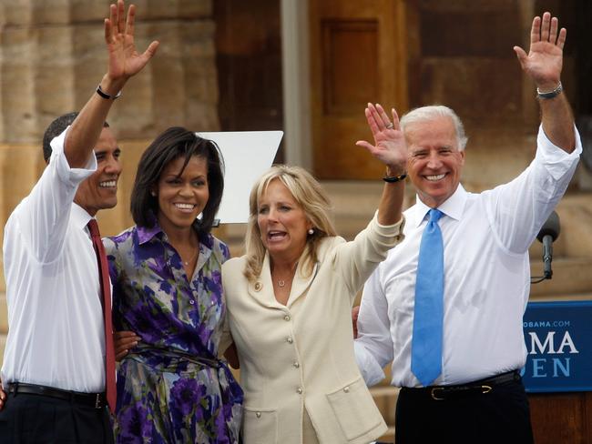 Barack Obama and his wife Michelle Obama, with Dr Jill Biden and then-Senator Joe Biden, pictured together in 2008