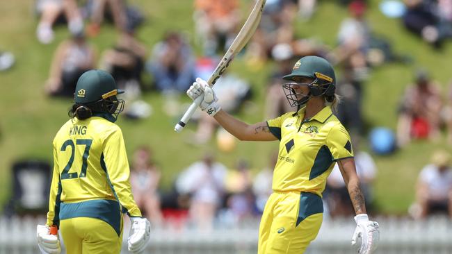 Ash Gardner celebrates her second half-century in three innings after a lean start to the summer with the bat. Picture: Hagen Hopkins / Getty Images