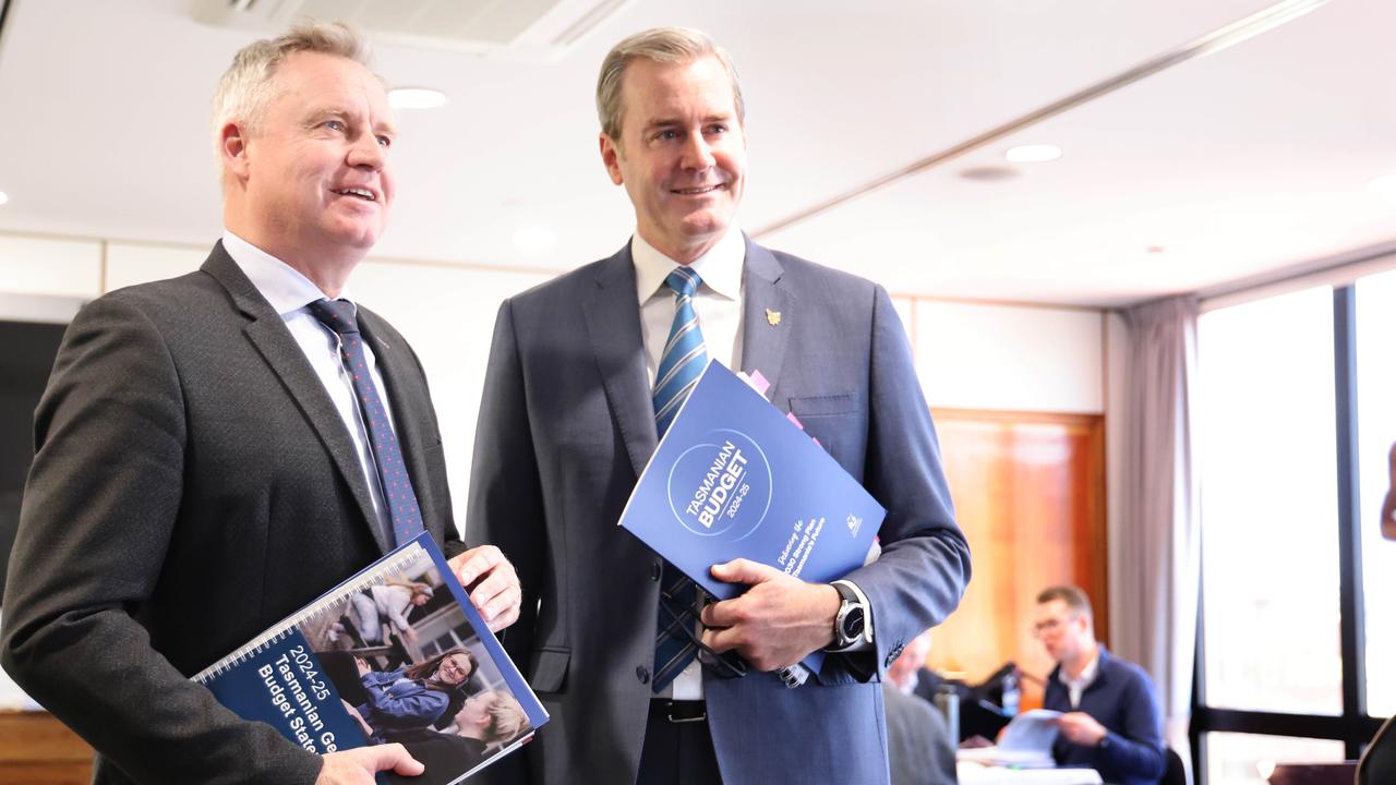 Premier Jeremy Rockliff with Treasurer Michael Ferguson in the budget lock up 2024. Picture: Department of Premier and Cabinet