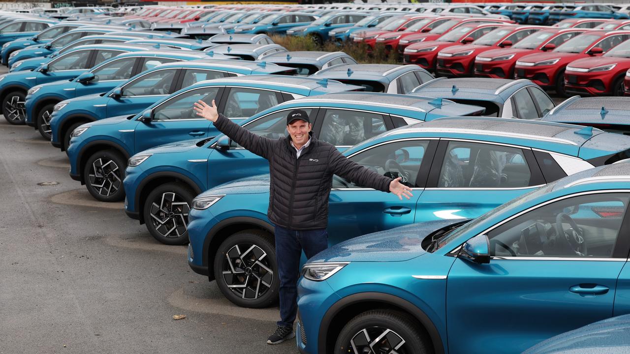 Mark Harland, chief operating officer of BYD distributor EV Direct, with hundreds of electric cars. Picture: Alex Coppel.