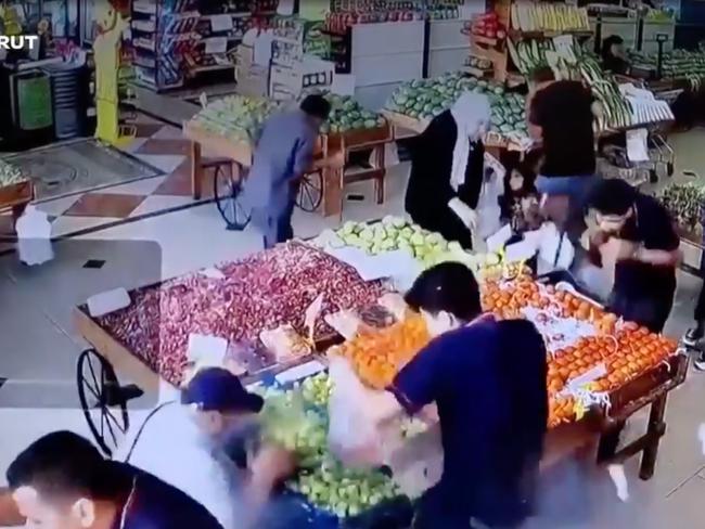 One of the pagers explodes at a fruit market in Beirut.