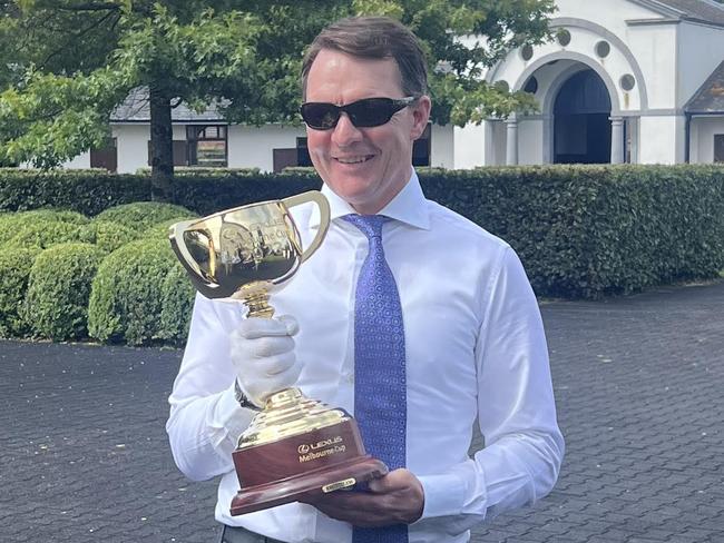 Aidan O'Brien with the 2023 Melbourne Cup. Picture: VRC