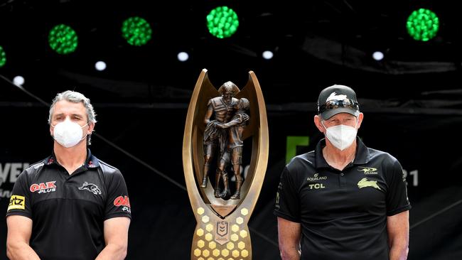 (L-R) Ivan Cleary of the Panthers and Wayne Bennett of the Rabbitohs at the NRL Grand Final Fan Fest. Picture: Bradley Kanaris/Getty Images