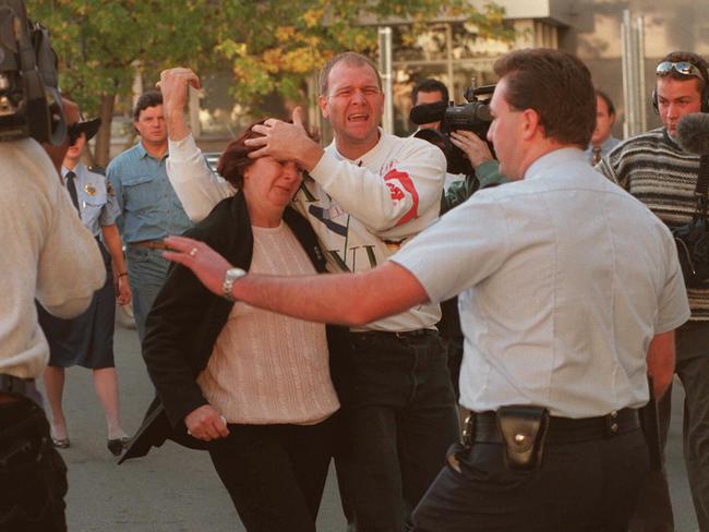 Relatives of a victim of the Port Arthur shooting outside Royal Hobart Hospital. Picture: