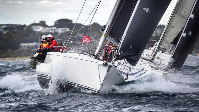 Crews hammer out of Port Phillip Bay in blustery conditions on Sunday at the start of the Melbourne to Devonport Rudder Cup ocean classic. Picture: Steb Fisher