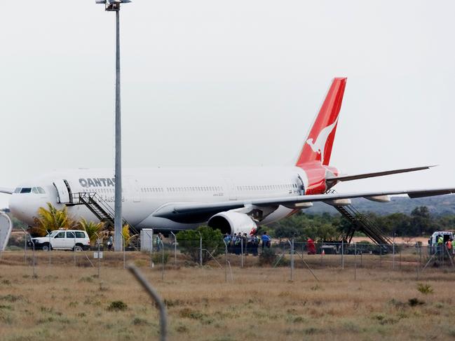 A Qantas Airbus A330 sits on the ground after an emergency landing in Learmonth, Western Australia, in 2008. Picture: AAP