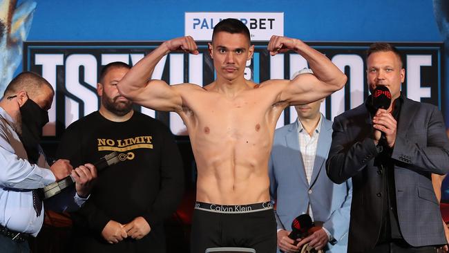 Australia’s Tim Tszyu and Japan’s Takeshi Inoue Weigh In at The Star, Sydney before Wednesday’s blockbuster super-welterweight bout. Picture: No Limit Boxing / Brett Costello