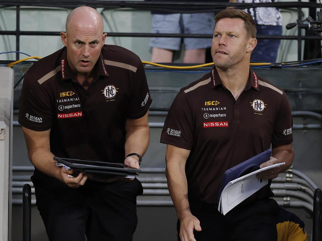Hawks coach Sam Mitchell, right, and assistant David Hale. Picture: Michael Klein