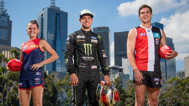 Lily Mithen, Cam Waters and Jack Steele at the launch of Kayo’s winter sports. Picture: Jason Edwards