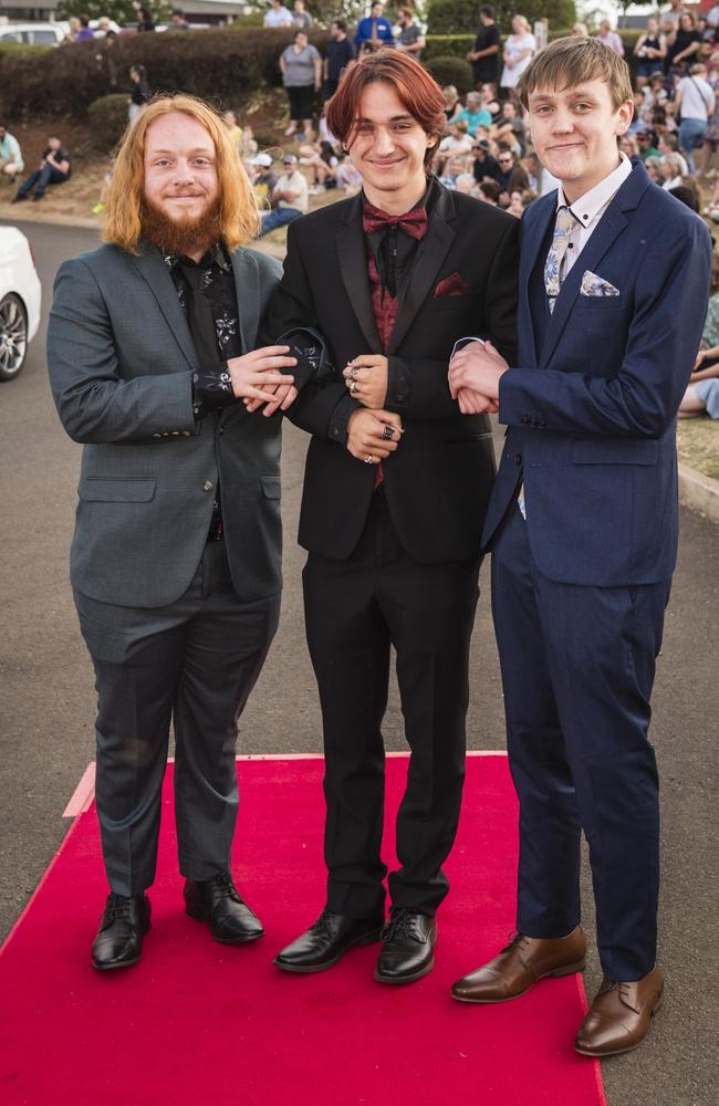 At Harristown State High School formal are (from left) Ethan Coney, Malachi McKeon Smith and Myles Dahl at Highfields Cultural Centre, Friday, November 17, 2023. Picture: Kevin Farmer