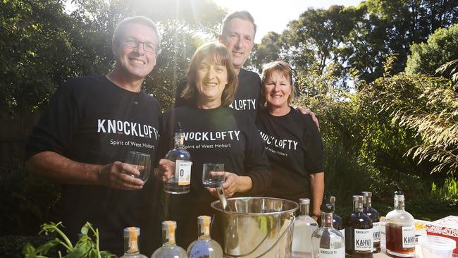 Richard Badcock, left, Andrew Rumney, Roger O'Meagher and Ingrid Nicklason of the newly opened distillery, Knocklofty, had a launch party in Moonah. Picture: MATHEW FARRELL