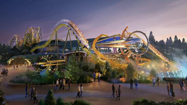Stardust Racers in Celestial Park is a dual-launch racing rollercoaster. It hit speeds of up to 62mph (100km/h) including the “Celestial Spin,” in which the two coaster vehicles perform an inverted crisscross while speeding through the air. Photo: Universal Epic Universe