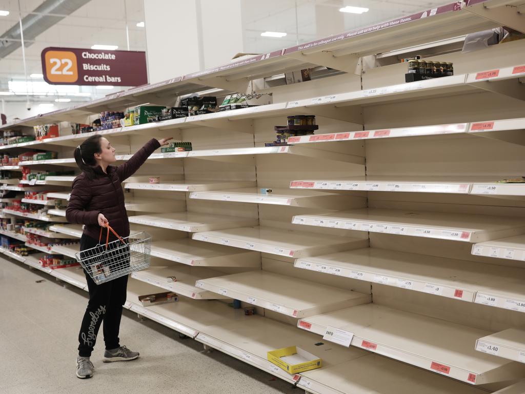 Shoppers have stripped supermarket shelves, leaving supermarket bosses having to enforce customer limits. Picture: Dan Kitwood/Getty Images.