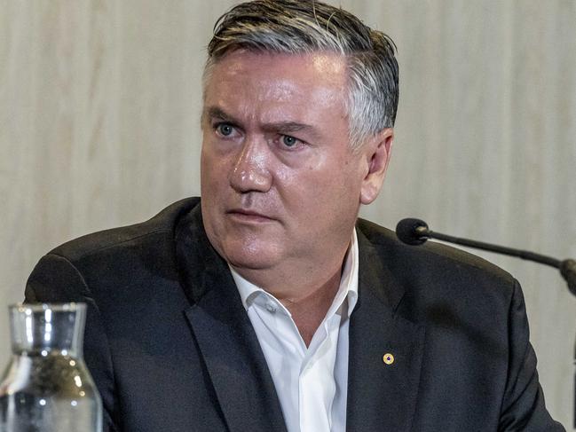 Mark Anderson, Eddie McGuire, Jodie Sizer and Peter Murphy from the Collingwood Football Club hold a press conference to discuss the release of the club's CGC Better Report. Eddie McGuire speaks during the press conference. Picture: Jake Nowakowski