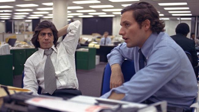 Journalists Carl Bernstein and Bob Woodward in the newsroom of The Washington Post in May 1973 while reporting on the Watergate scandal.