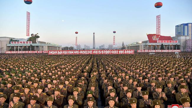 North Korean soldiers and Pyongyang residents hold a rally to celebrate the country’s declaration that it had achieved full nuclear statehood. Picture: AFP/KCNA