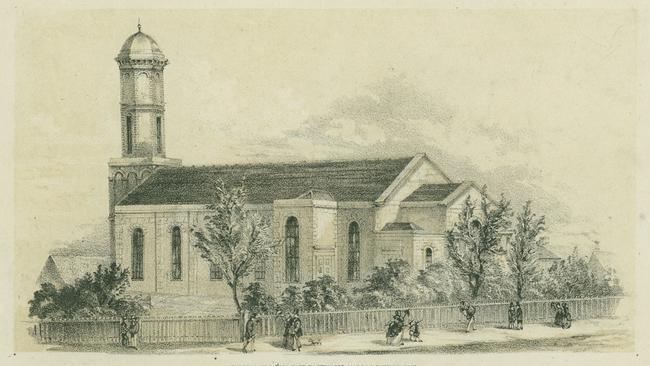 The church at its original site, around 1850.