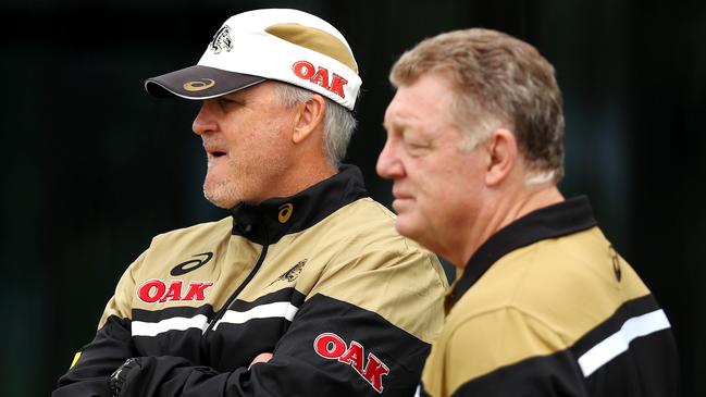 Anthony Griffin and Phil Gould watch on during the Penrith Panthers training session at Penrith Panthers league  academy , Penrith .Picture : Gregg Porteous