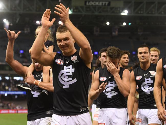 Patrick Cripps of the Blues reacts after the Round 5 AFL match between the Western Bulldogs and the Carlton Blues at Marvel Stadium in Melbourne, Sunday, April 21, 2019. (AAP Image/Julian Smith) NO ARCHIVING, EDITORIAL USE ONLY