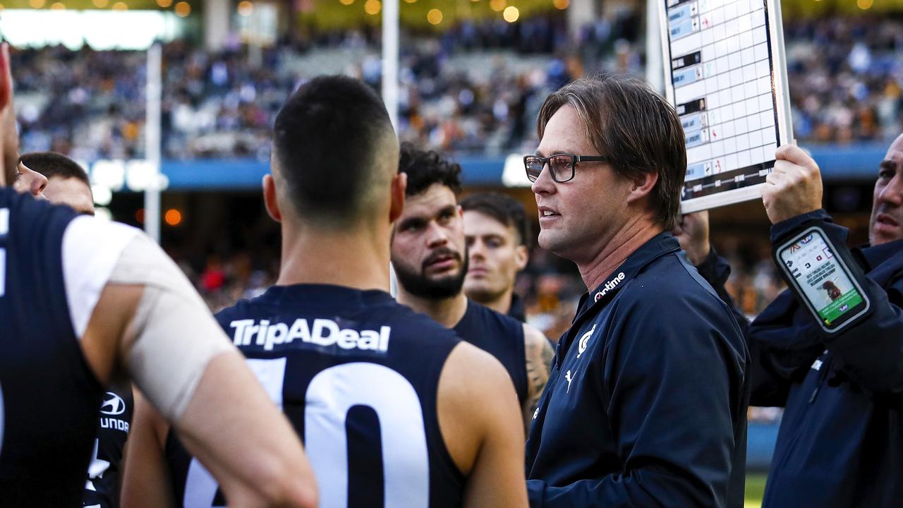 David Teague wasn’t happy with his players at halftime against Hawthorn. Picture: AFL Photos via Getty Images