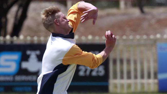 Reece Watson bowling for Bacchus Marsh. Picture: Richard Serong