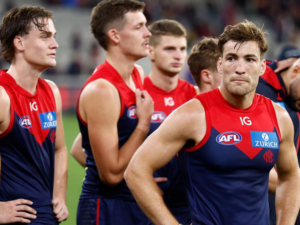 MELBOURNE, AUSTRALIA - APRIL 11: Jack Viney of the Demons looks dejected after a loss during the 2024 AFL Round 05 match between the Melbourne Demons and the Brisbane Lions at the Melbourne Cricket Ground on April 11, 2024 in Melbourne, Australia. (Photo by Michael Willson/AFL Photos via Getty Images)