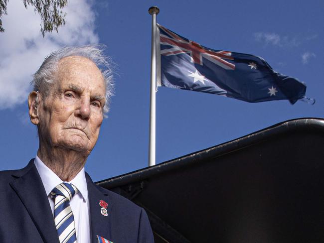 World War II Veteran Jim Grebert who served in the 58th Infantry Battalion in New Guinea and Bougainvile pictured with his outside Sandgate RSL where he be participating in the Anzac March proceedings on Tuesday. Picture Lachie Millard