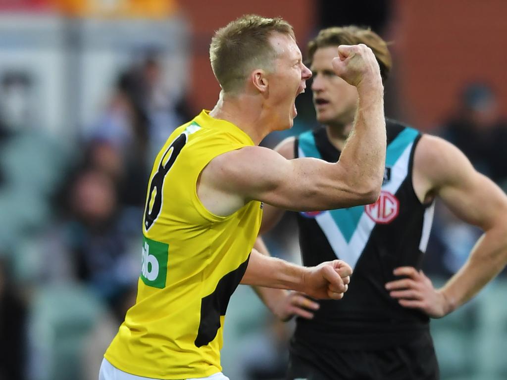 Jack Riewoldt celebrates his third goal of the match.