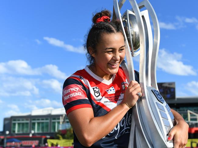 BRISBANE, AUSTRALIA - APRIL 10: Roosters captain Corban Baxter poses with the Premiership trophy after her team's victory during the NRLW Grand Final match between the St George Illawarra Dragons and the Sydney Roosters at Moreton Daily Stadium, on April 10, 2022, in Brisbane, Australia. (Photo by Albert Perez/Getty Images)