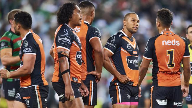 SYDNEY, AUSTRALIA - APRIL 17:  Tigers players look on during the round six NRL match between the South Sydney Rabbitohs and the Wests Tigers at Stadium Australia, on April 17, 2021, in Sydney, Australia. (Photo by Brett Hemmings/Getty Images)