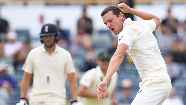 Australian bowler Josh Hazlewood reacts after dismissing England batsman Jonny Bairstow. Picture: AAP.