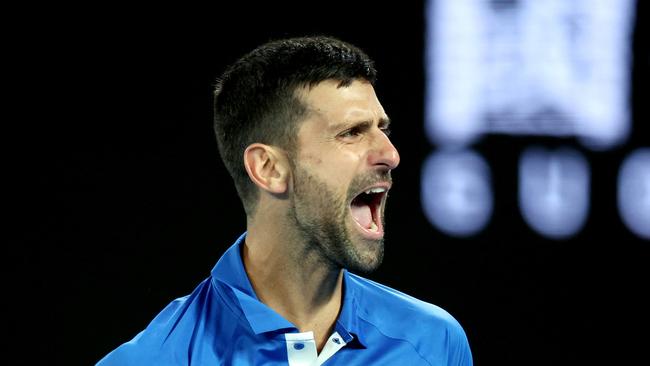 Novak Djokovic was fired up in his second-round win. Picture: Getty