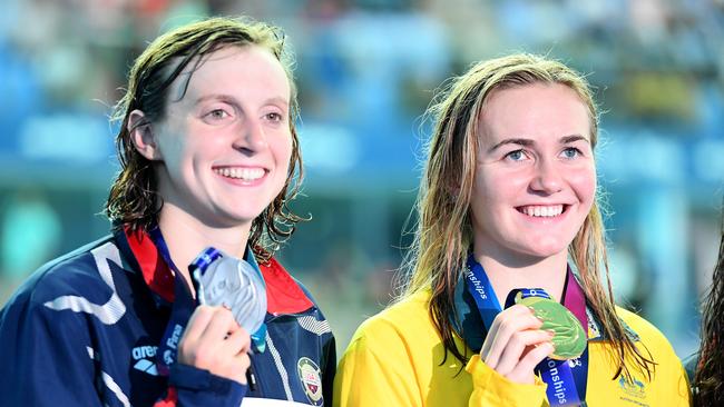 Silver medallist Katie Ledecky and gold medallist Ariarne Titmusduring the medal ceremony for the Women's 400m Freestyle Final at the 2019 FINA World Championships in South Korea. Picture: QUINN ROONEY/GETTY IMAGES