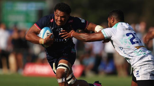 Vaiolini Ekuasi runs with the ball during the Super Rugby Pacific Pre-Season Match between Melbourne Rebels and Fijian Drua. Picture: Daniel Pockett/Getty Images