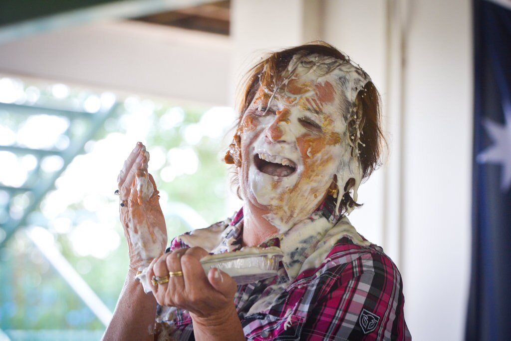 Principal Pauline PorchPIE IN THE FACE - Mt Larcom State School raises money for drought relief. Picture: Mike Richards GLA140918PIEF