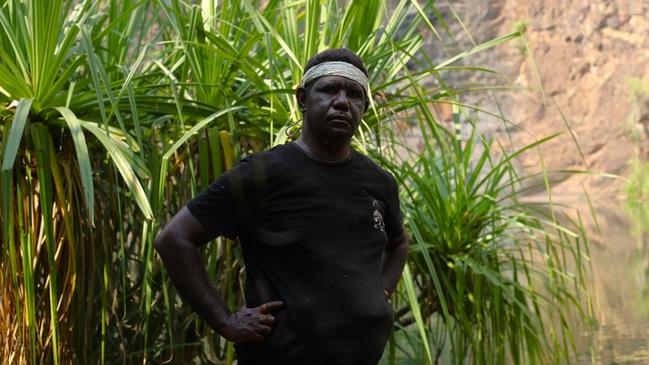 Traditional owner and Wurrkbarbar clan senior man Joshua Hunter at an on Country court hearing after the Director of National Parks pleaded guilty to breaching the NT Sacred Site Act at Gunlom Falls. Picture: Zizi Averill