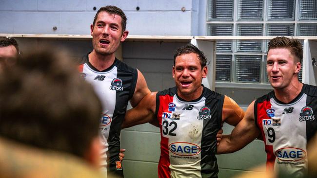 Southern Districts celebrate their win against the Nightcliff Tigers in the 2024-25 NTFL semi-final. Picture: Patch Clapp / AFLNT Media
