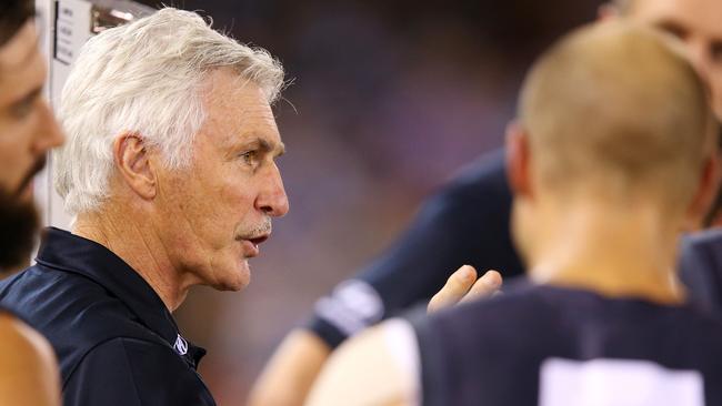 Mick Malthouse says Carlton’s extensive list rebuild was hampered by long-term contracts and salary cap issues.