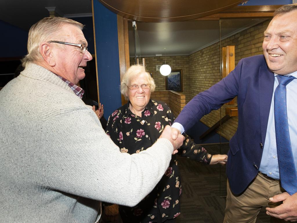 Jeff Kennel, Beth Pearce (mum) celebrate Braddon Liberal Gavin Pearce's win at Burnie. Picture: CHRIS KIDD