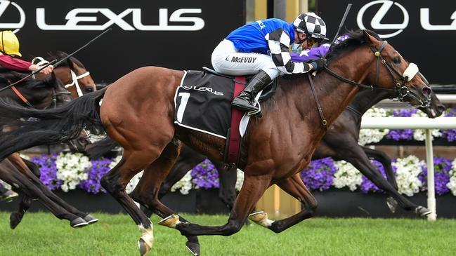 Ashrun, ridden by Kerrin McEvoy, wins the Hotham Stakes. Picture: Getty Images