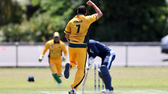 VSDCA: Endeavour Hill’s Chris Pereira bowls Matt Brown of Kew. Picture: George Sal