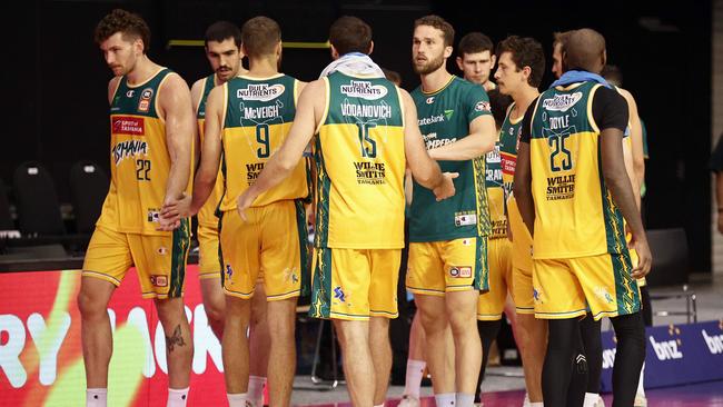 Disappointed Tasmania players after defeat in the round 17 NBL match between New Zealand Breakers and Tasmania JackJumpers at Eventfinda Stadium, on January 26, 2024, in Auckland, New Zealand. (Photo by Dave Rowland/Getty Images)