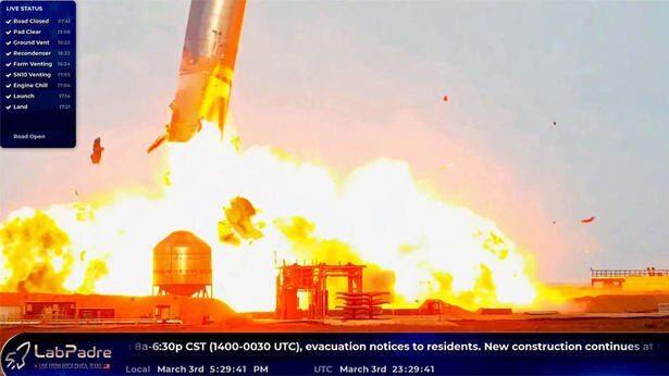 A few minutes after touchdown, the Starship prototype exploded, blasting the rocket's upper section away in a spectacular conflagration. Picture: LABPADRE WEBCAST