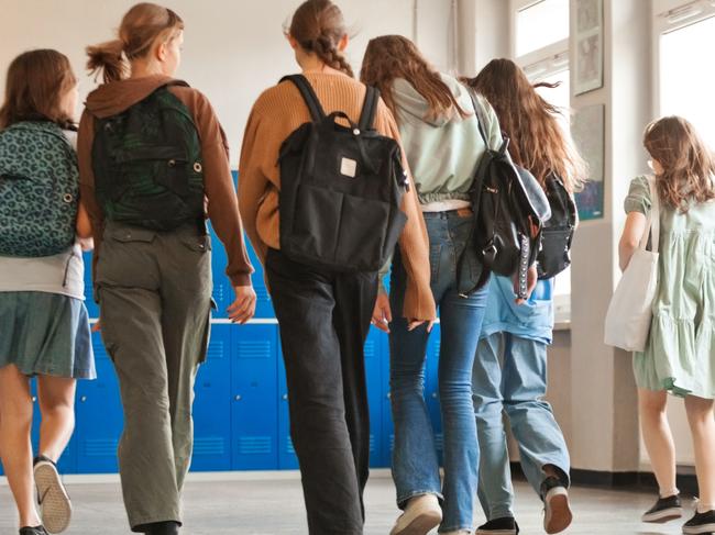 Back view of six female high school students walking in school corridor against blue lockers during break.High School students, Generic, Picture: Getty Images