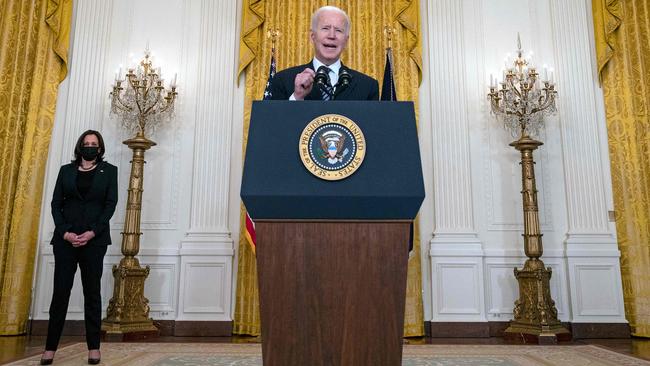 US President Joe Biden, flanked by US Vice President Kamala Harris. Democrats are gambling that the economic recovery from Covid will be so rapid, the mental release from a year of misery so fulfilling, that voters will validate their progressive revolution. They’re betting on a kind of retrospective mandate. Picture: AFP