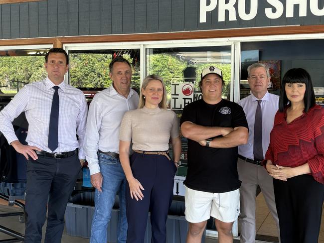 Shadow Minister for Police Dan Purdie, LNP Cook candidate David Kempton, Barron river candidate Bree James, Cairns Wake Park Owner Adam Homer, Shadow Attorney-General Tim Nicholls and Cairns candidate Yolonde Entsch. Photo: Dylan Nicholson